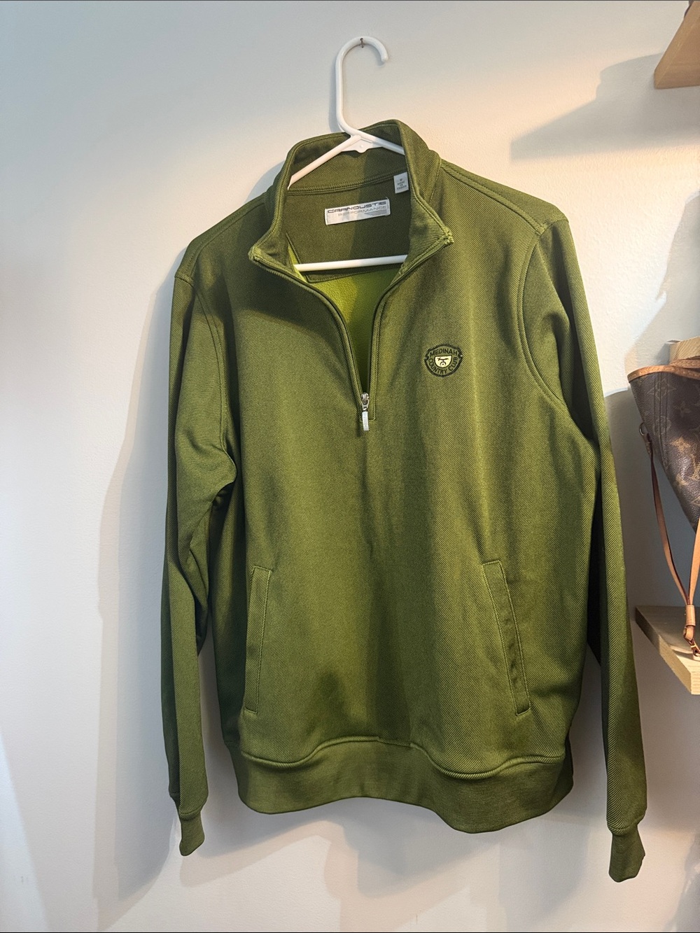 Men's Olive Quarter-Zip Sweater with Crest